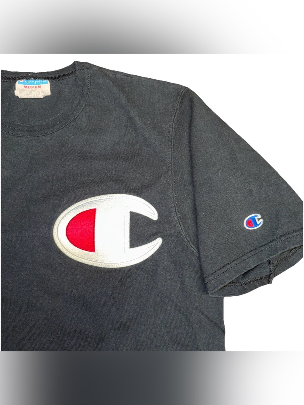 Vintage Champion Shirt Men Medium Black 90s Blue Label Big Logo Embroider Casual - Picture 2 of 4